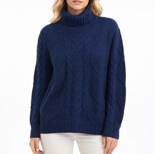 Cashmere Wool Cable Knit Coastal Nautical Preppy Knit Blue Turtleneck Sweater M